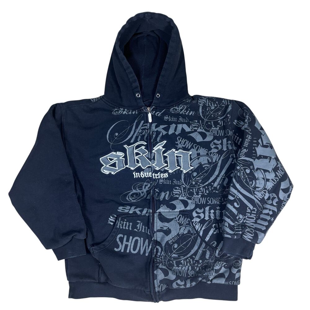vintage y2k 2000s Skin Industries aop zip up hoodie grail emo skater indie socal